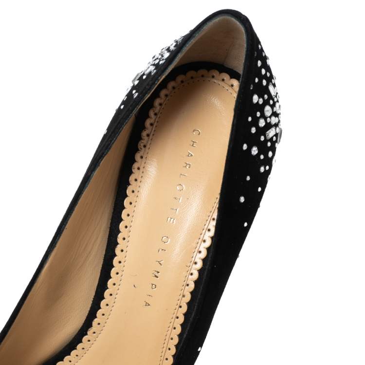 مملوكة مسبقًا Charlotte Olympia Black Crystal Embellished Suede Dolly Platform Pumps Size 40.5