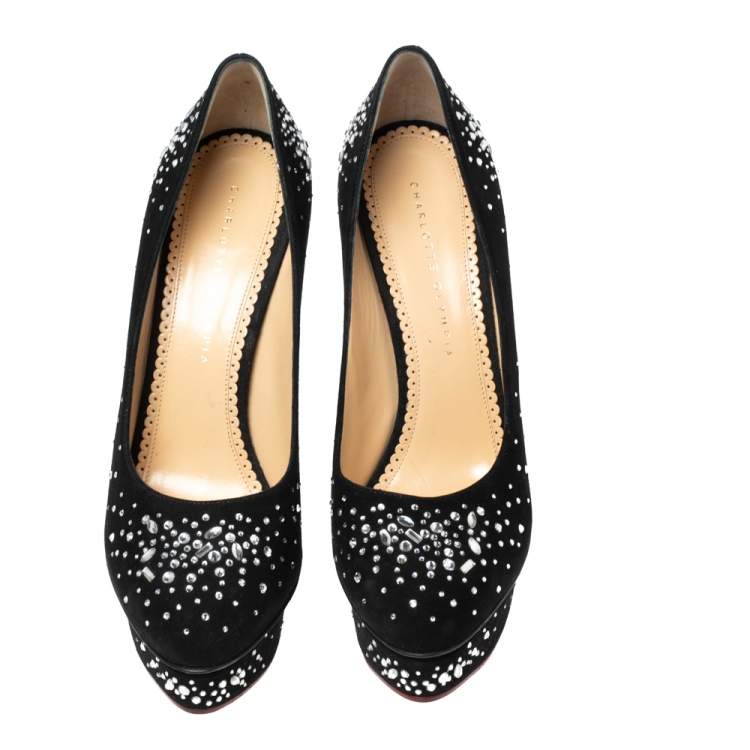 مملوكة مسبقًا Charlotte Olympia Black Crystal Embellished Suede Dolly Platform Pumps Size 40.5