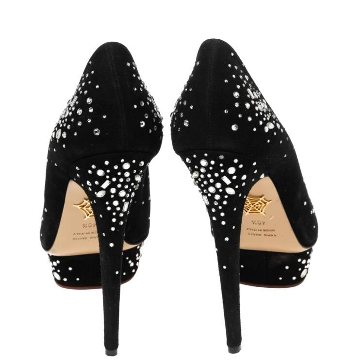 مملوكة مسبقًا Charlotte Olympia Black Crystal Embellished Suede Dolly Platform Pumps Size 40.5