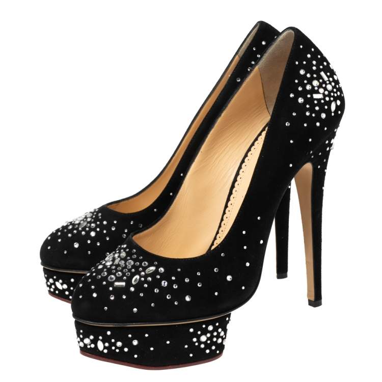 مملوكة مسبقًا Charlotte Olympia Black Crystal Embellished Suede Dolly Platform Pumps Size 40.5