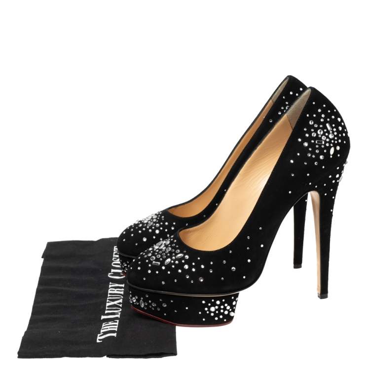 مملوكة مسبقًا Charlotte Olympia Black Crystal Embellished Suede Dolly Platform Pumps Size 40.5