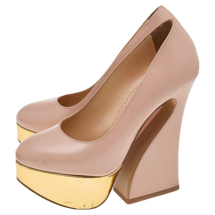 Pre Owned Charlotte Olympia Beige Leather Platform Pumps Size 35.5