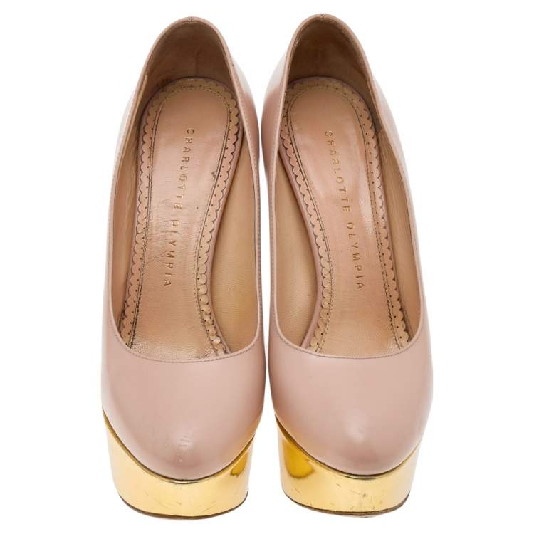 Pre Owned Charlotte Olympia Beige Leather Platform Pumps Size 35.5