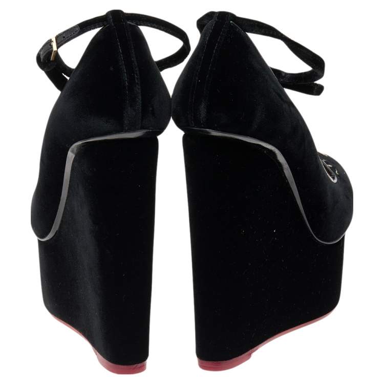 Pre Owned Charlotte Olympia Black Velvet and  Leather Trim Cat Embroidered Ankle Strap Sandals Size 36