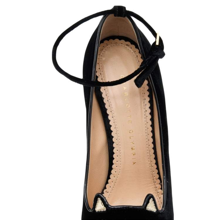 Pre Owned Charlotte Olympia Black Velvet and  Leather Trim Cat Embroidered Ankle Strap Sandals Size 36