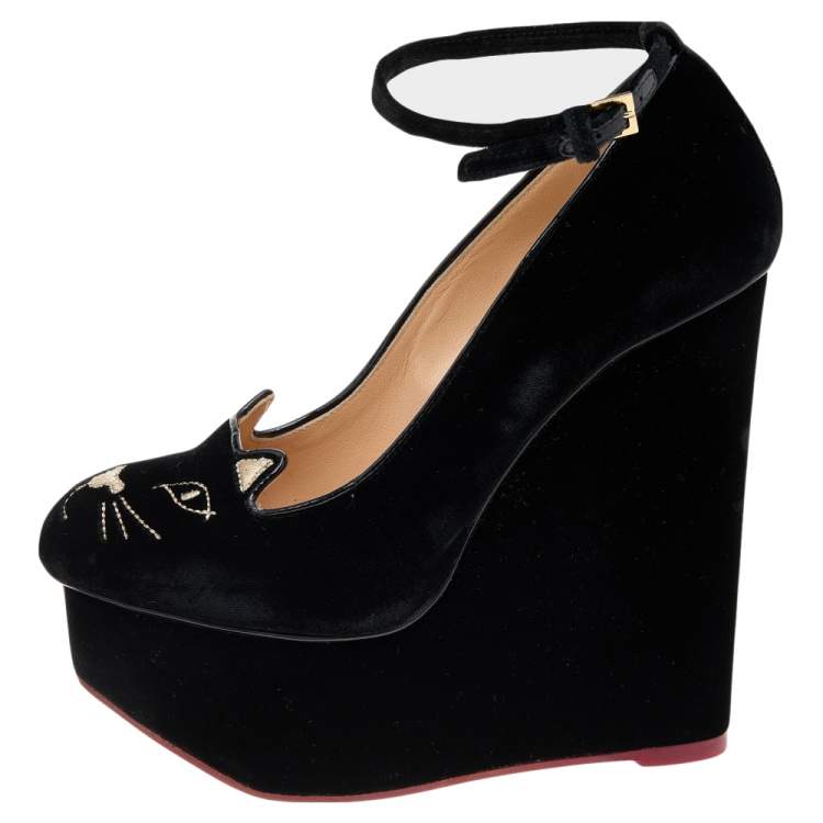 Pre Owned Charlotte Olympia Black Velvet and  Leather Trim Cat Embroidered Ankle Strap Sandals Size 36
