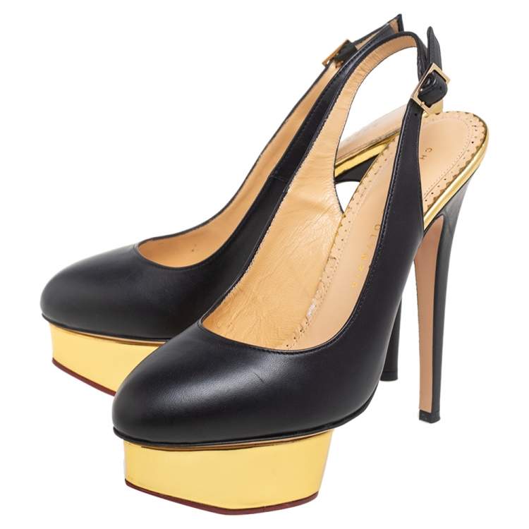 Pre Owned Charlotte Olympia Black Leather Dolly Slingback Pumps Size 37.5