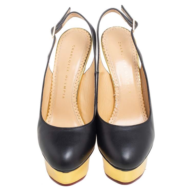 Pre Owned Charlotte Olympia Black Leather Dolly Slingback Pumps Size 37.5