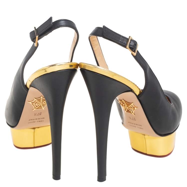 Pre Owned Charlotte Olympia Black Leather Dolly Slingback Pumps Size 37.5