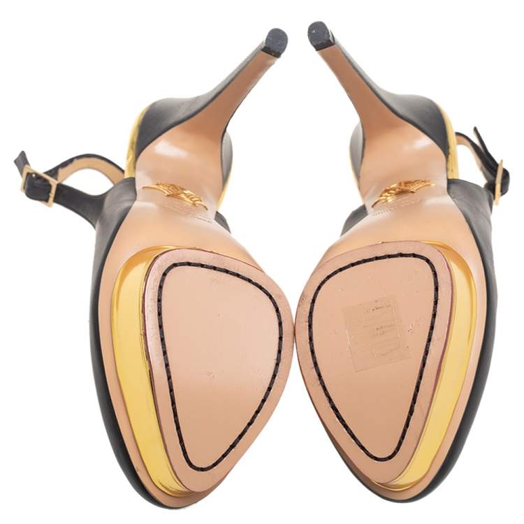 Pre Owned Charlotte Olympia Black Leather Dolly Slingback Pumps Size 37.5