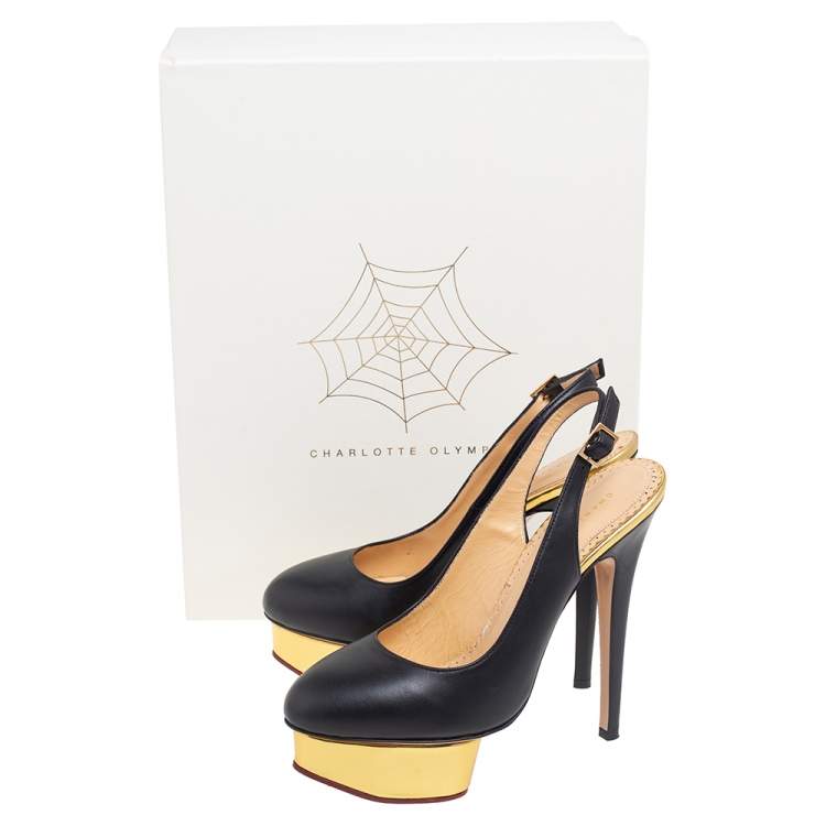 Pre Owned Charlotte Olympia Black Leather Dolly Slingback Pumps Size 37.5