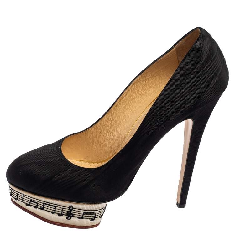 Pre Owned Charlotte Olympia Black Canvas Dolly Platform Pumps Size 41
