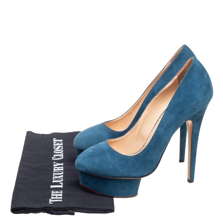 Pre Owned Charlotte Olympia Teal Blue Suede Dolly Platform Pumps Size 38