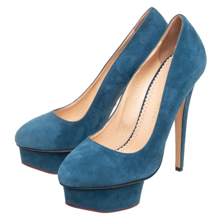 Pre Owned Charlotte Olympia Teal Blue Suede Dolly Platform Pumps Size 38