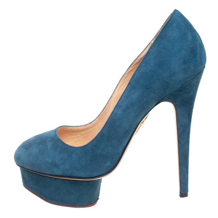 Pre Owned Charlotte Olympia Teal Blue Suede Dolly Platform Pumps Size 38