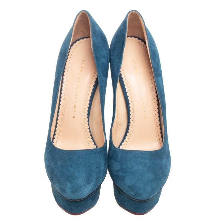 Pre Owned Charlotte Olympia Teal Blue Suede Dolly Platform Pumps Size 38