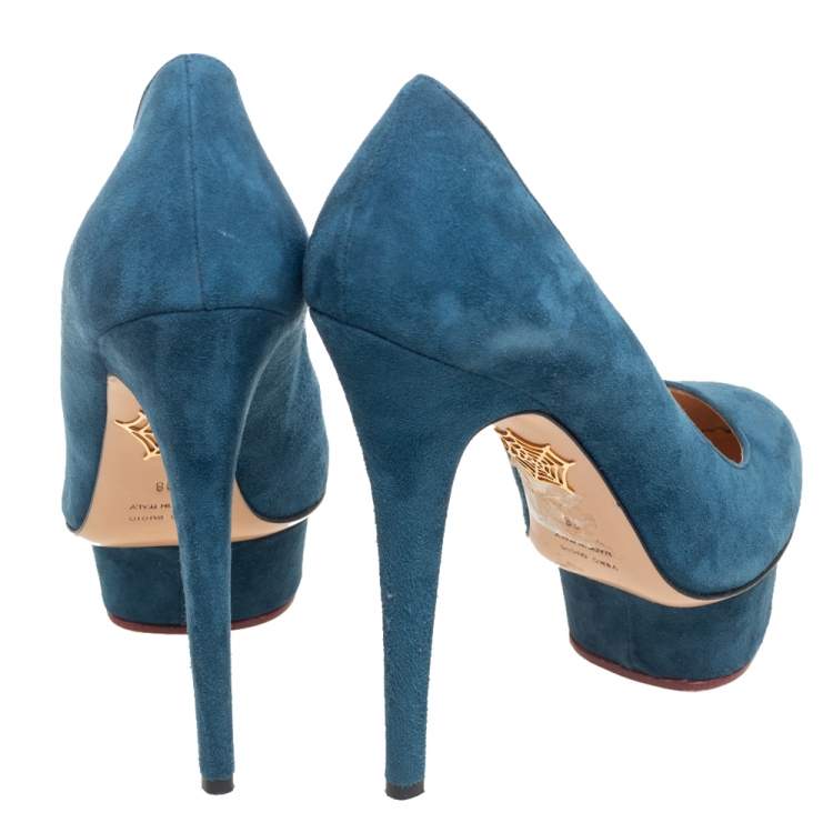 Pre Owned Charlotte Olympia Teal Blue Suede Dolly Platform Pumps Size 38