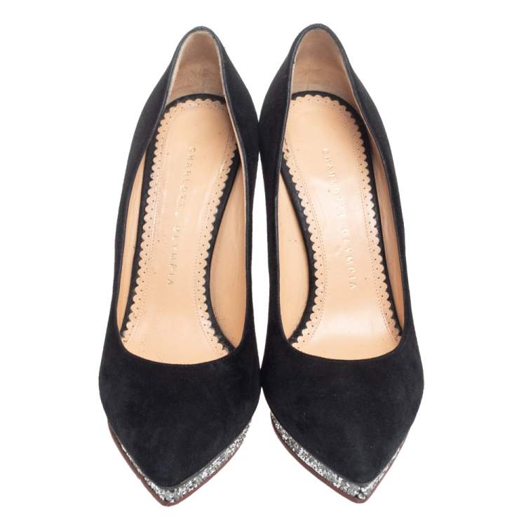 Pre Owned Charlotte Olympia Black Suede Debonaire Pointed Toe Platform Pumps Size 38