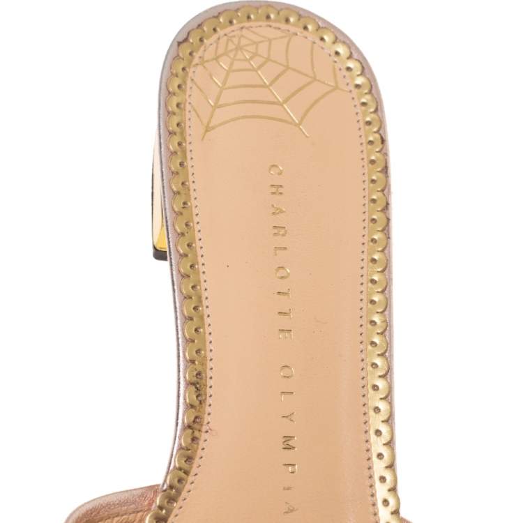 مملوكة مسبقًا Charlotte Olympia Metallic Rose Leather And Satin Flat Sandals Size 38.5
