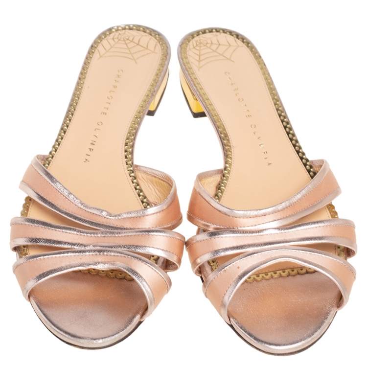 مملوكة مسبقًا Charlotte Olympia Metallic Rose Leather And Satin Flat Sandals Size 38.5
