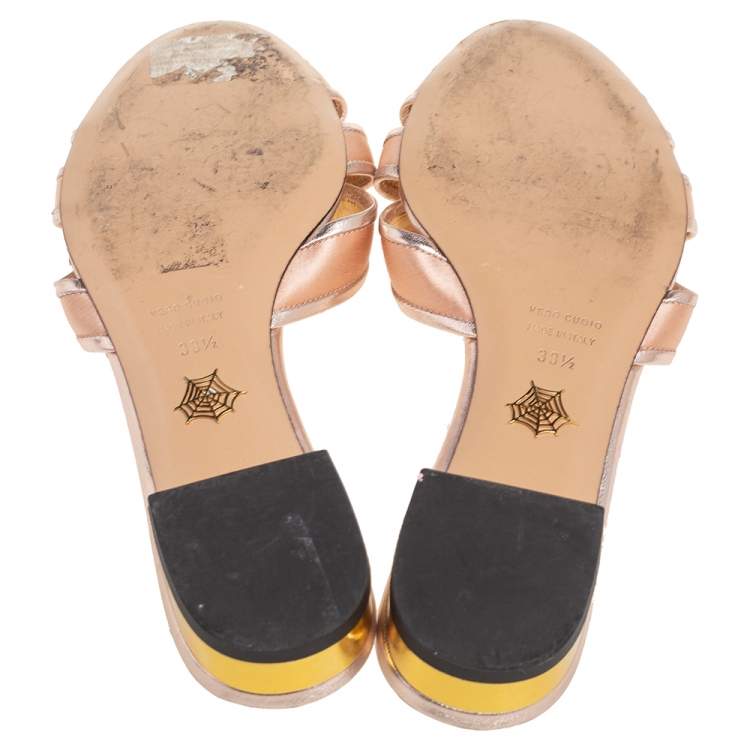 مملوكة مسبقًا Charlotte Olympia Metallic Rose Leather And Satin Flat Sandals Size 38.5