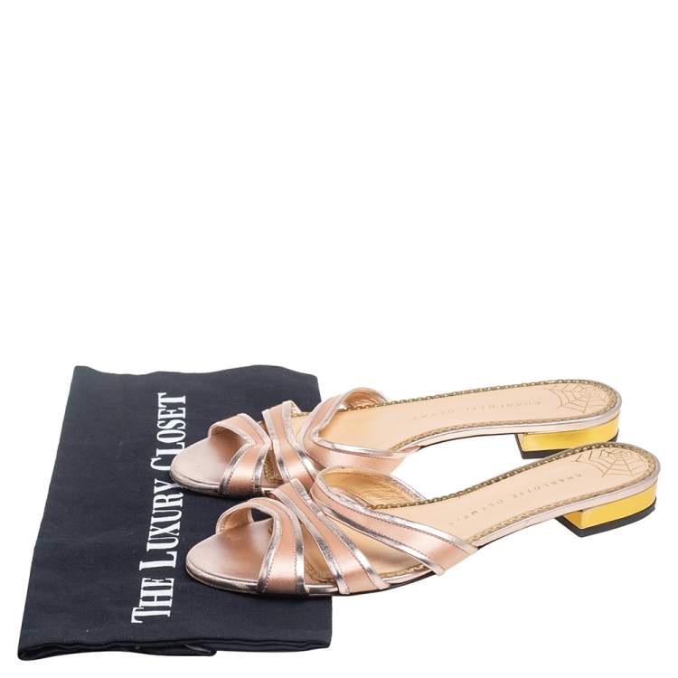 مملوكة مسبقًا Charlotte Olympia Metallic Rose Leather And Satin Flat Sandals Size 38.5