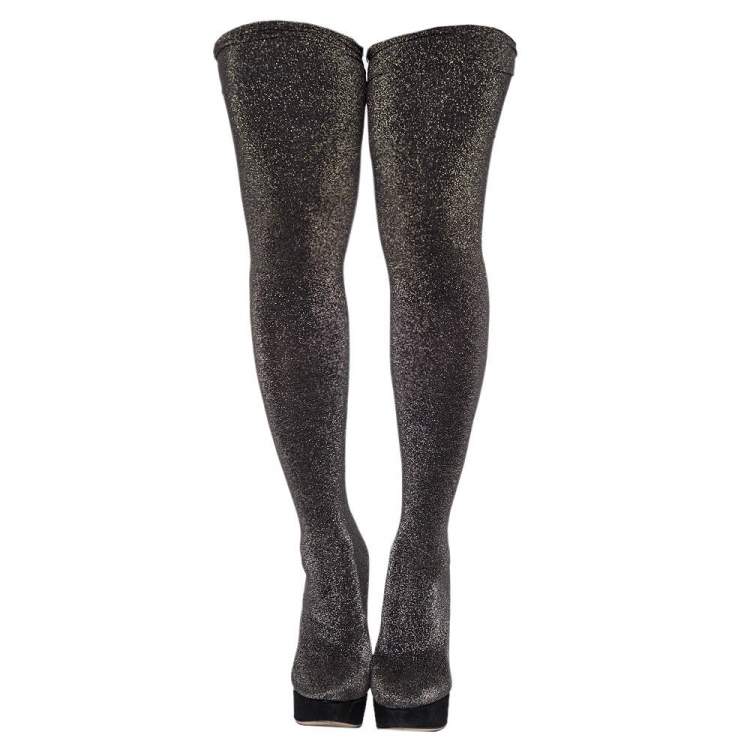 Pre Owned Charlotte Olympia Black Stretch Lurex Fabric Thigh High Platform Boots Size 38
