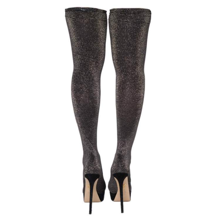 Pre Owned Charlotte Olympia Black Stretch Lurex Fabric Thigh High Platform Boots Size 38