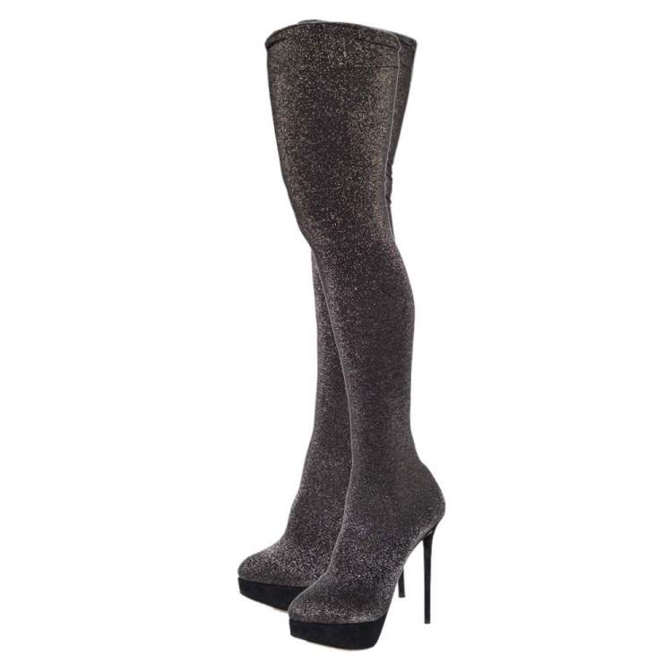 Pre Owned Charlotte Olympia Black Stretch Lurex Fabric Thigh High Platform Boots Size 38