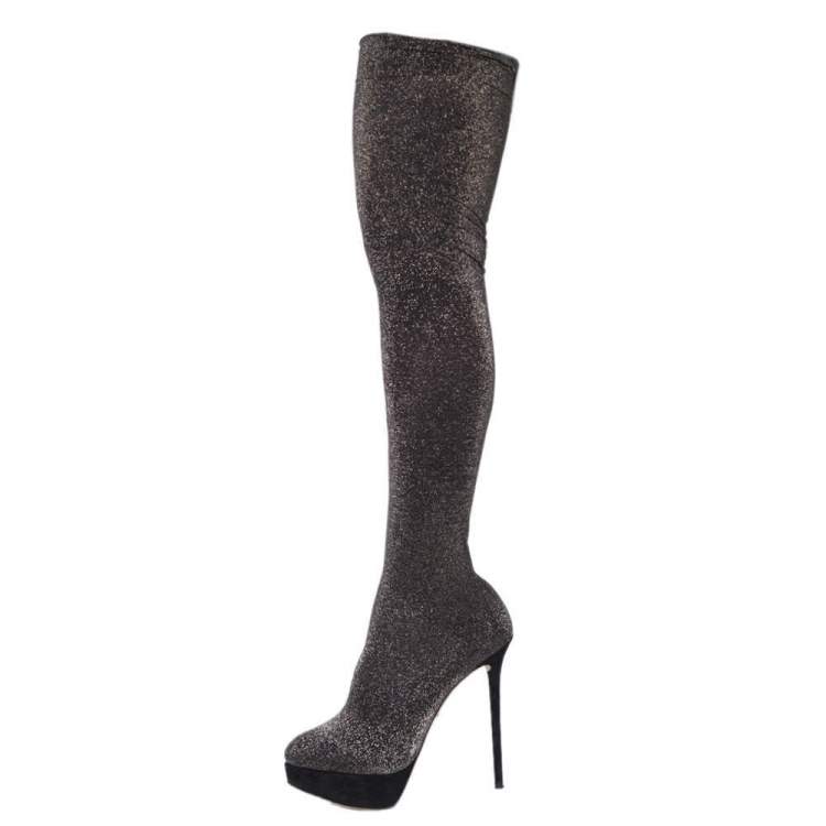 Pre Owned Charlotte Olympia Black Stretch Lurex Fabric Thigh High Platform Boots Size 38