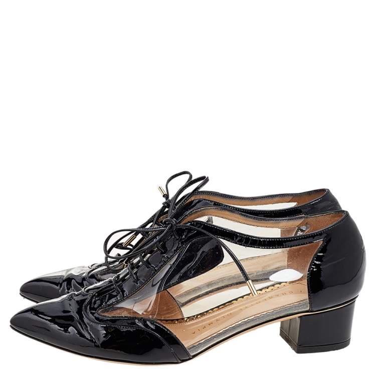 Pre Owned Charlotte Olympia Black/Transparent Patent Leather and PVC Erroll Brogues Size 38.5 