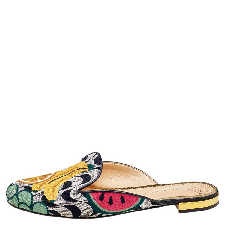 Pre Owned Charlotte Olympia Multicolor Printed Canvas Flat Mules Size 38