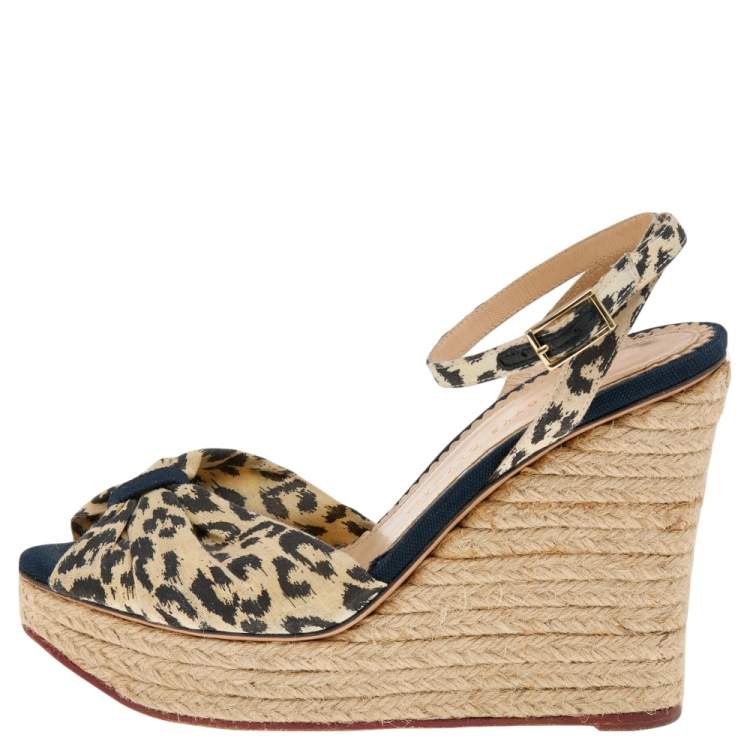 Pre Owned Charlotte Olympia Beige Fabric Wedge Espadrille Sandals Size 38