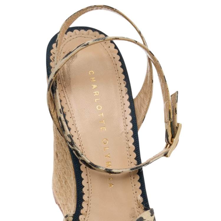 Pre Owned Charlotte Olympia Beige Fabric Wedge Espadrille Sandals Size 38