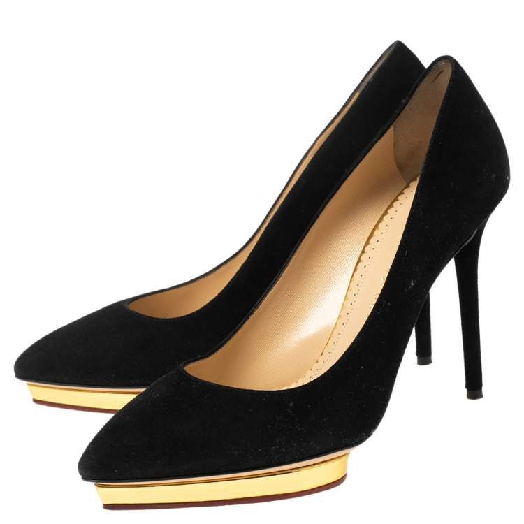 Pre Owned Charlotte Olympia Black Suede Dolly Platform Pumps Size 39.5