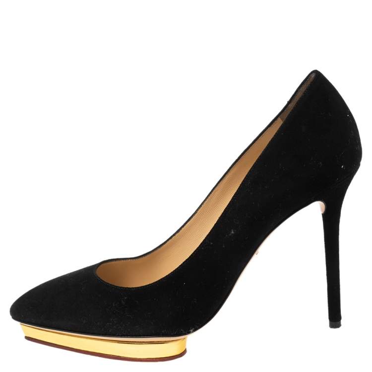 Pre Owned Charlotte Olympia Black Suede Dolly Platform Pumps Size 39.5