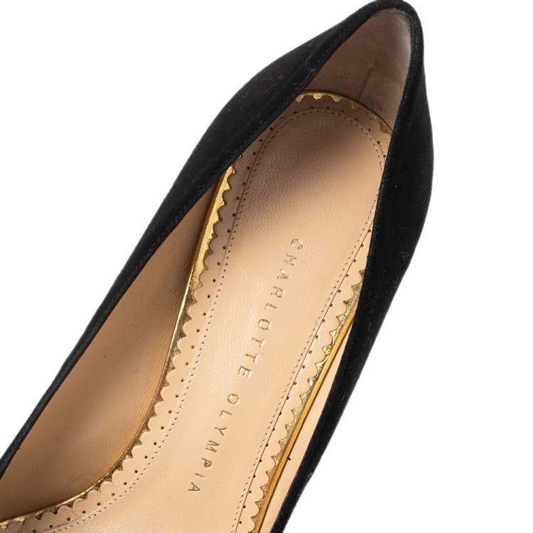 Pre Owned Charlotte Olympia Black Suede Dolly Platform Pumps Size 39.5