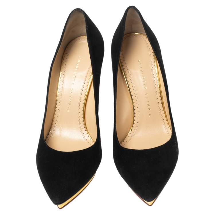 Pre Owned Charlotte Olympia Black Suede Dolly Platform Pumps Size 39.5