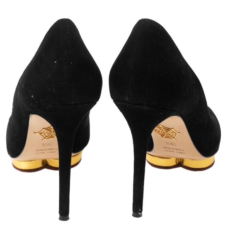 Pre Owned Charlotte Olympia Black Suede Dolly Platform Pumps Size 39.5