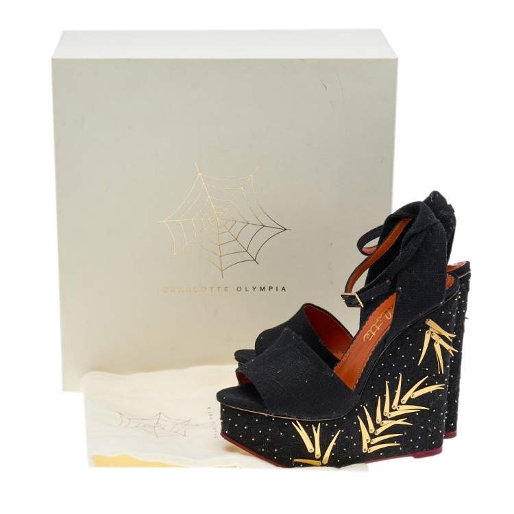 Pre Owned Charlotte Olympia Black Canvas Mischievous Embellished Platform Wedge Ankle Strap Sandals Size 38