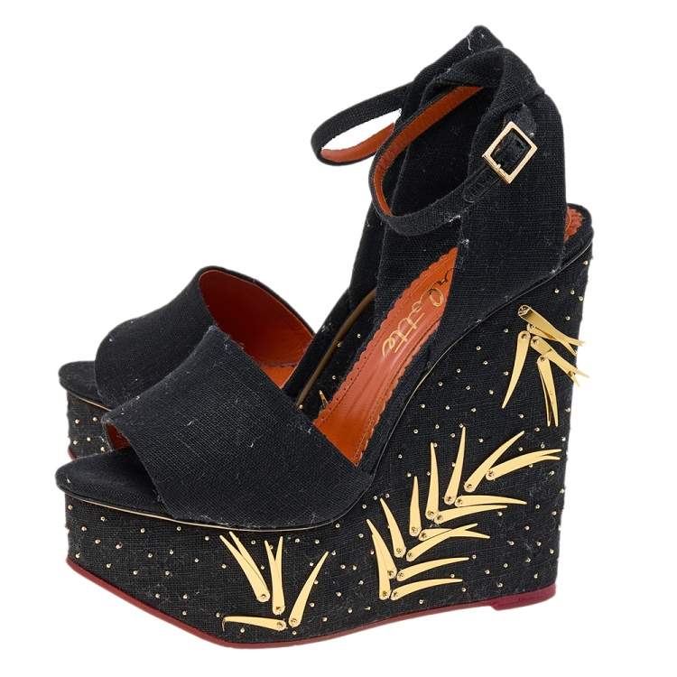 Pre Owned Charlotte Olympia Black Canvas Mischievous Embellished Platform Wedge Ankle Strap Sandals Size 38