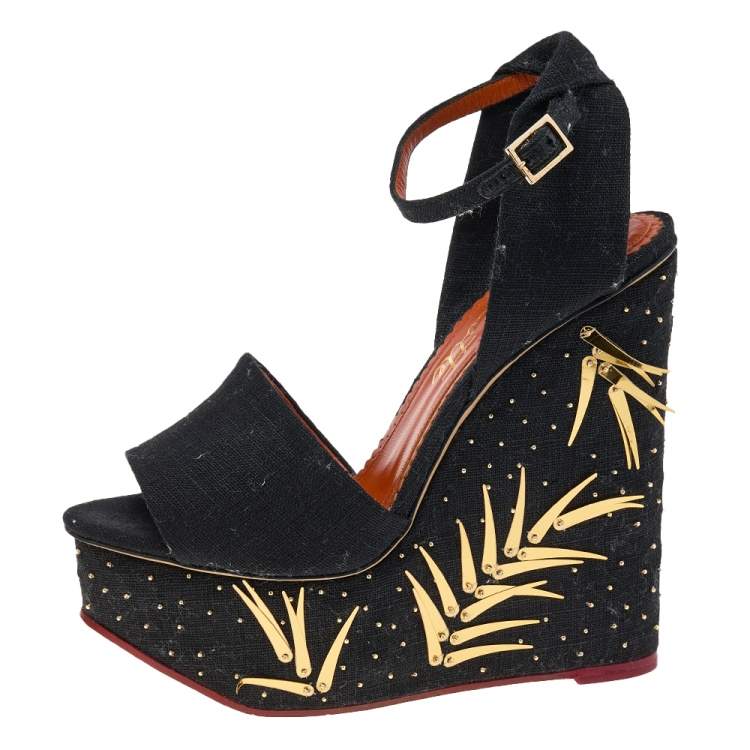 Pre Owned Charlotte Olympia Black Canvas Mischievous Embellished Platform Wedge Ankle Strap Sandals Size 38