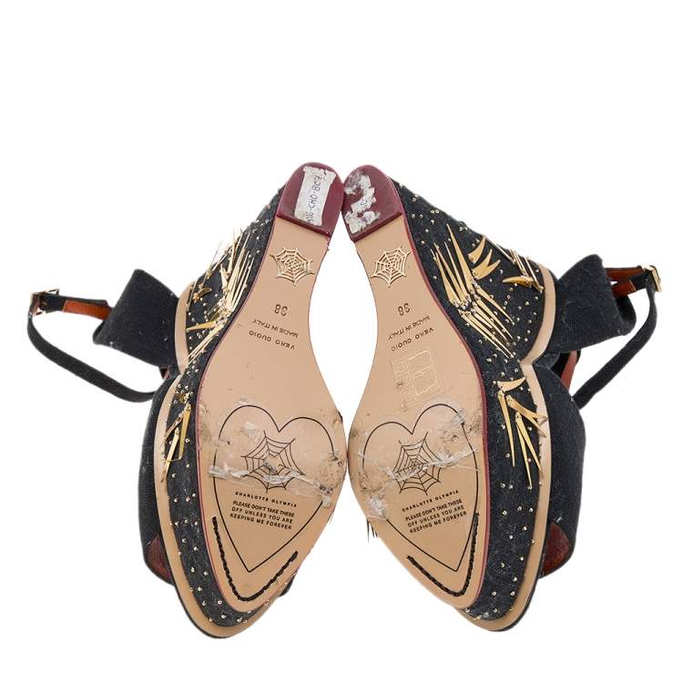 Pre Owned Charlotte Olympia Black Canvas Mischievous Embellished Platform Wedge Ankle Strap Sandals Size 38