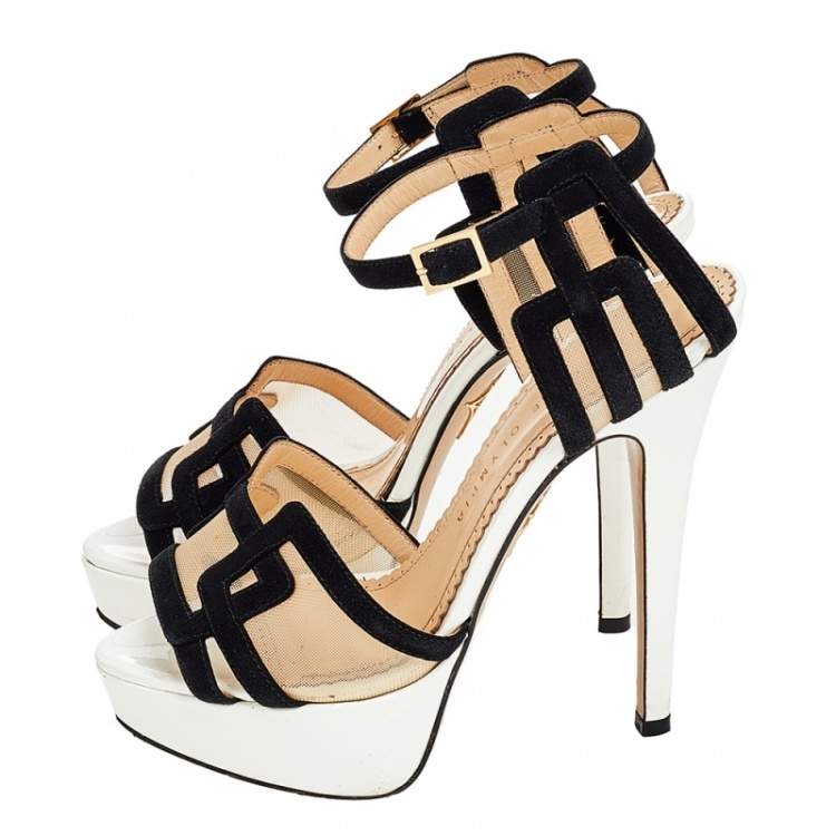 Pre Owned Charlotte Olympia Black/Beige Suede and Mesh Geometric Platform Sandals Size 35