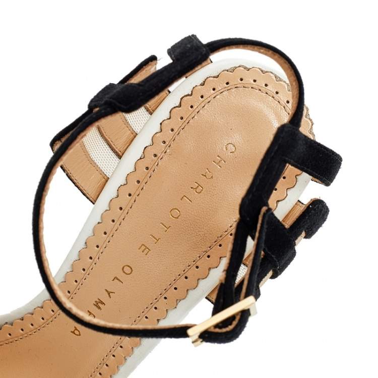 Pre Owned Charlotte Olympia Black/Beige Suede and Mesh Geometric Platform Sandals Size 35