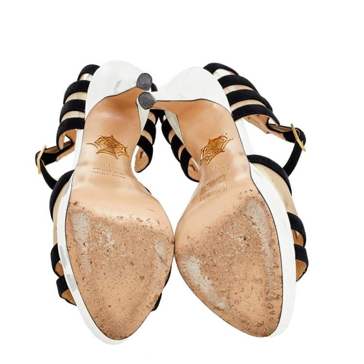 Pre Owned Charlotte Olympia Black/Beige Suede and Mesh Geometric Platform Sandals Size 35