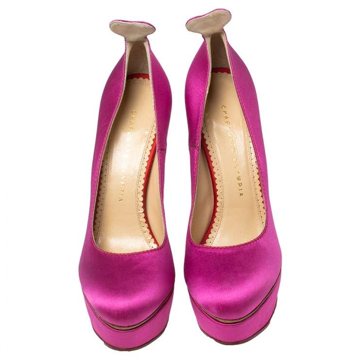 Pre Owned Charlotte Olympia Pink Satin Josephine Platform Pumps Size 38.5