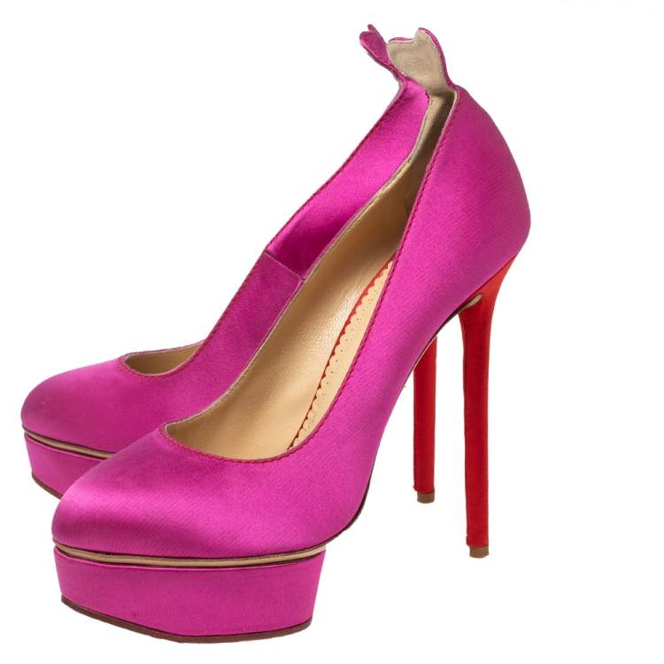 Pre Owned Charlotte Olympia Pink Satin Josephine Platform Pumps Size 38.5