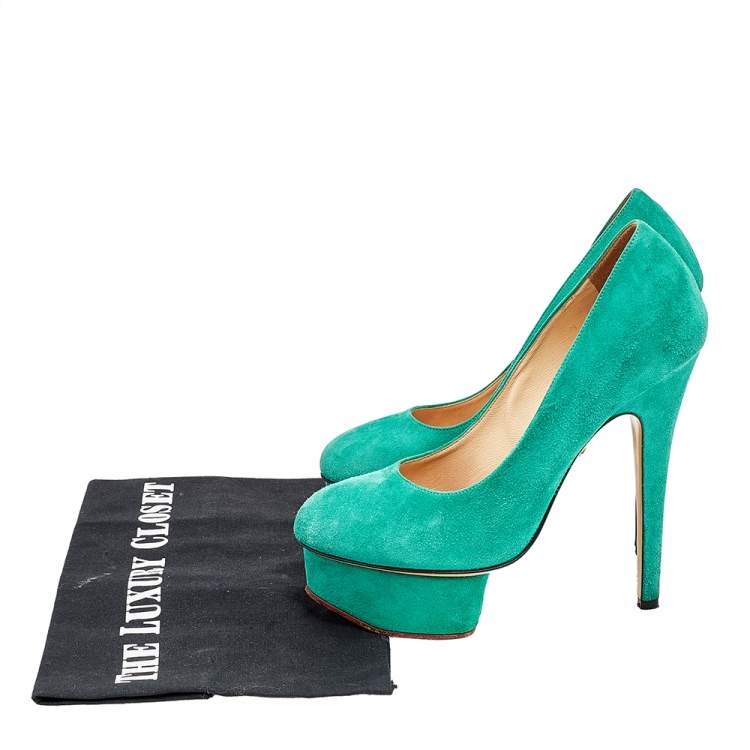 Pre Owned Charlotte Olympia Green Suede Dolly Platform Pumps Size 35