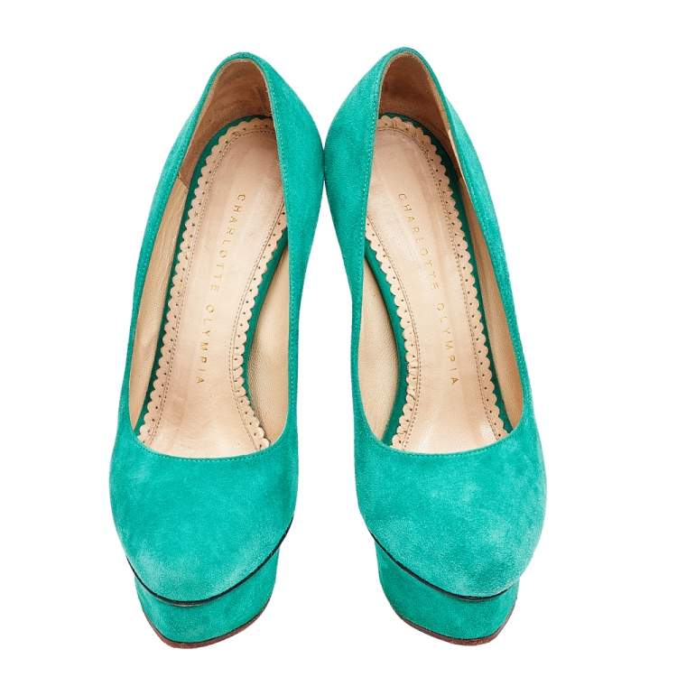 Pre Owned Charlotte Olympia Green Suede Dolly Platform Pumps Size 35